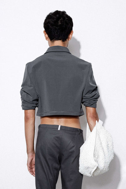 Grey Pull-up Sleeve Cropped Mao Blazer